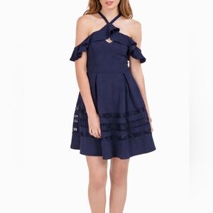 Francesca’s Navy Blue Ruffle Fit & Flare Dress Lace Trim Strappy Back Women M